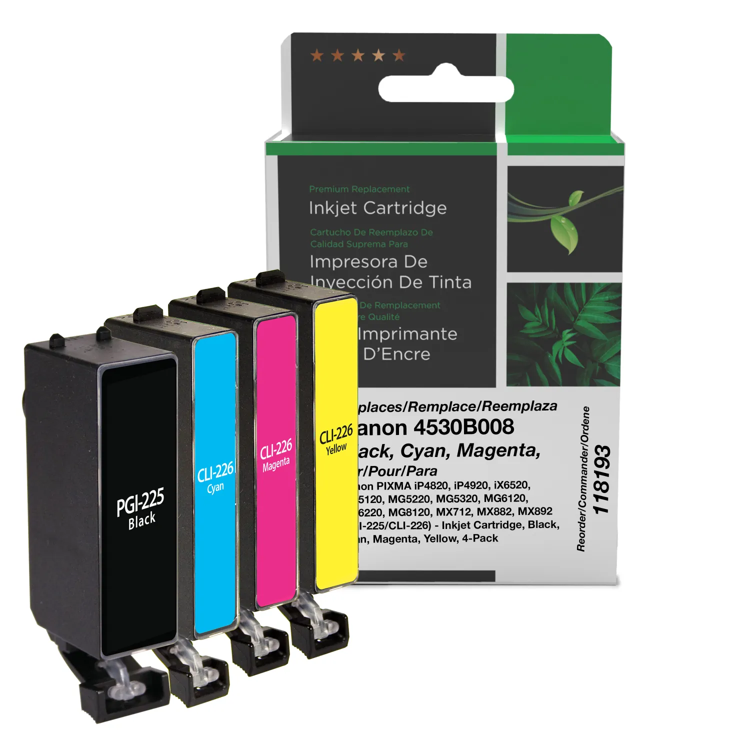 Clover Remanufactured Black, Cyan, Magenta, Yellow Ink Cartridges for Canon PGI-225/CLI-226 (4530B008) 4-Pack 118193
