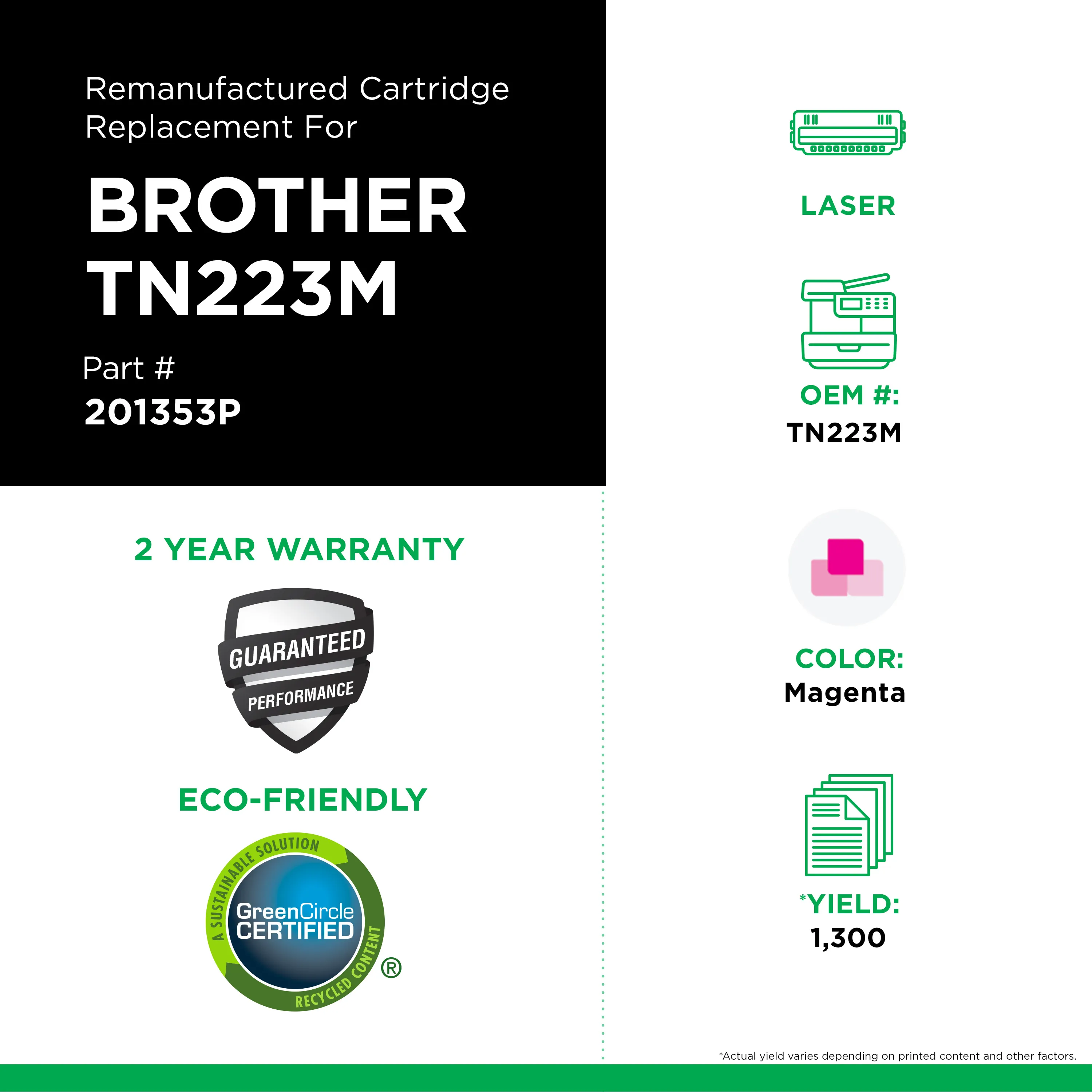 OEM Brother TN223M Toner Cartridge, Magenta, 1300-page, Use in HL-L3210CW  HL-L3230CDW HL-L3270CDW HL-L3290CDW MFC-L3710CW MFC-L3750CDW MFC-L3770CDW