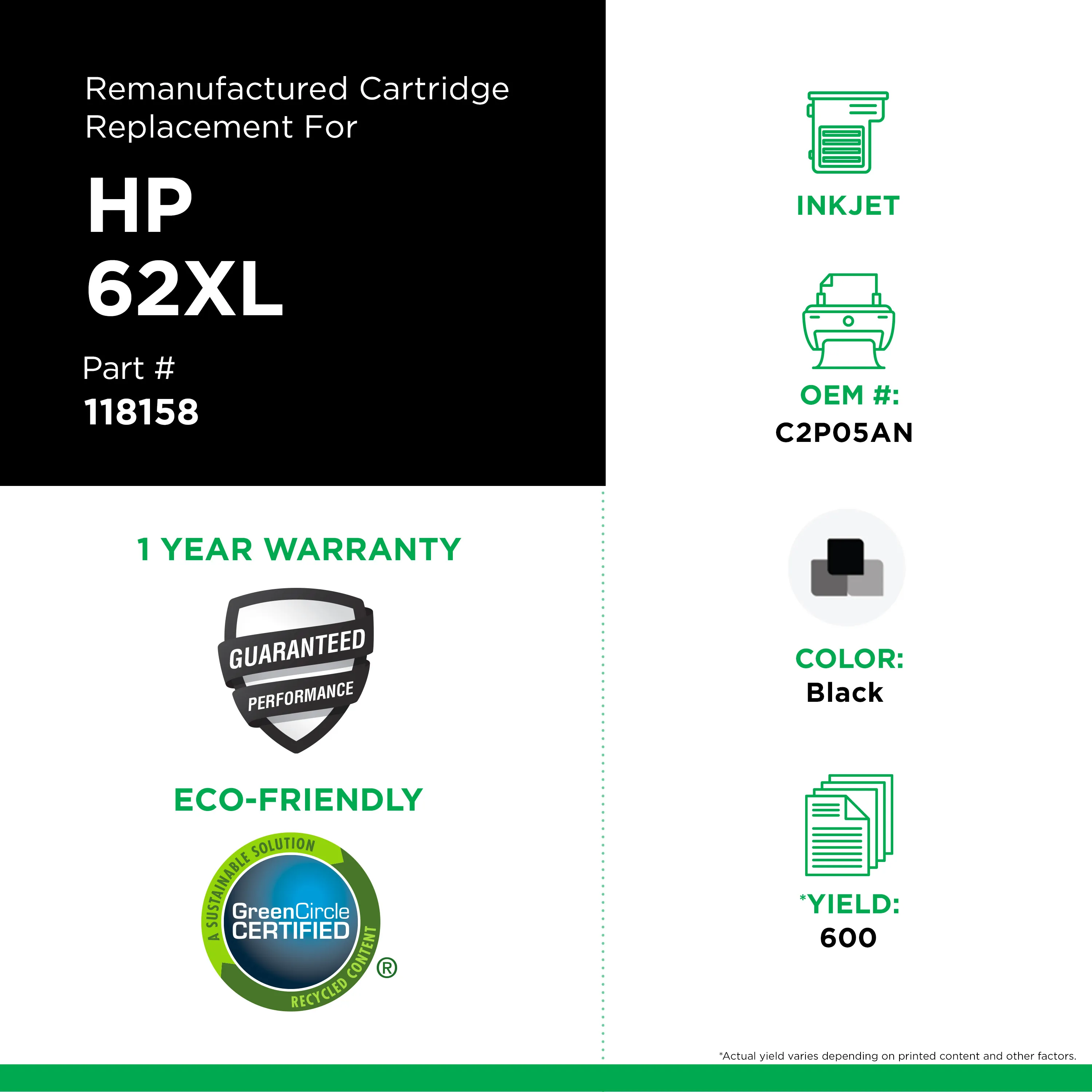 COMETE - 62XL - 1 cartouche compatible HP 62/HP 62XL - Couleur