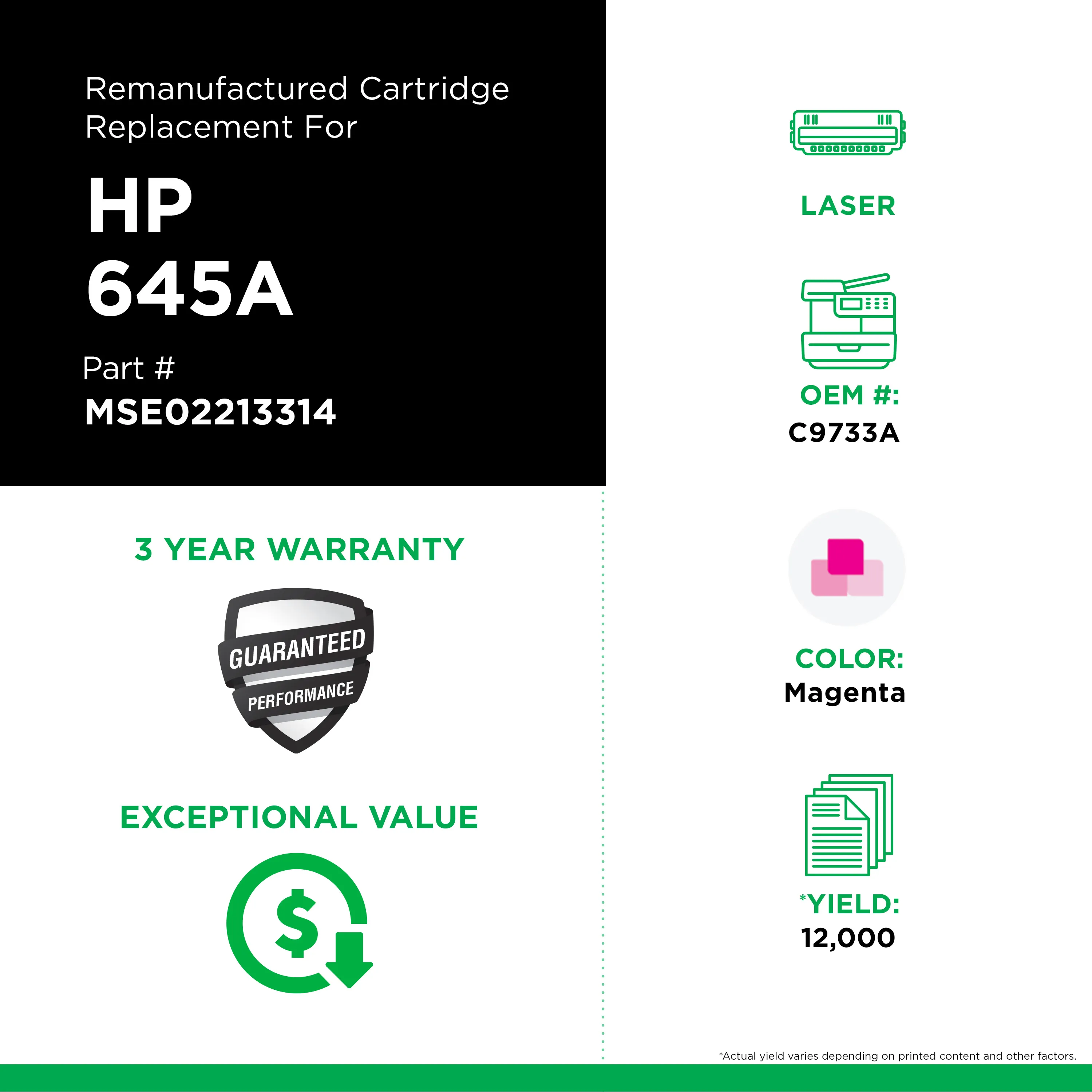 Remanufactured Magenta Toner, Replacement for 645A (C9733A), 12,000 Page-Yield Remanufactured Magenta Toner, Replacement for 645A (C9733A), 12,000 Page-Yield
