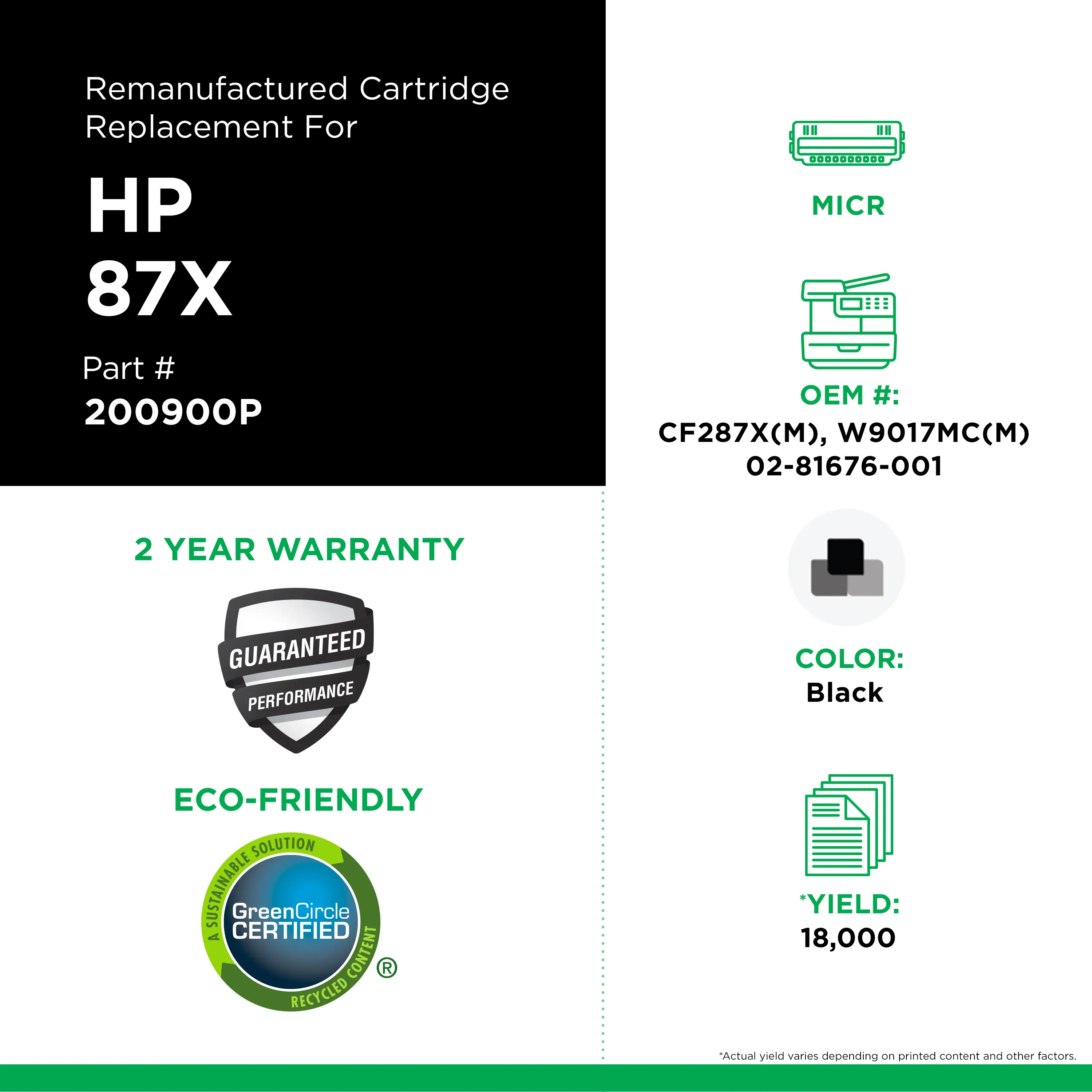 Remanufactured Black High-Yield Toner, Replacement for 87X (CF287X), 18,000 Page-Yield Remanufactured Black High-Yield Toner, Replacement for 87X (CF287X), 18,000 Page-Yield