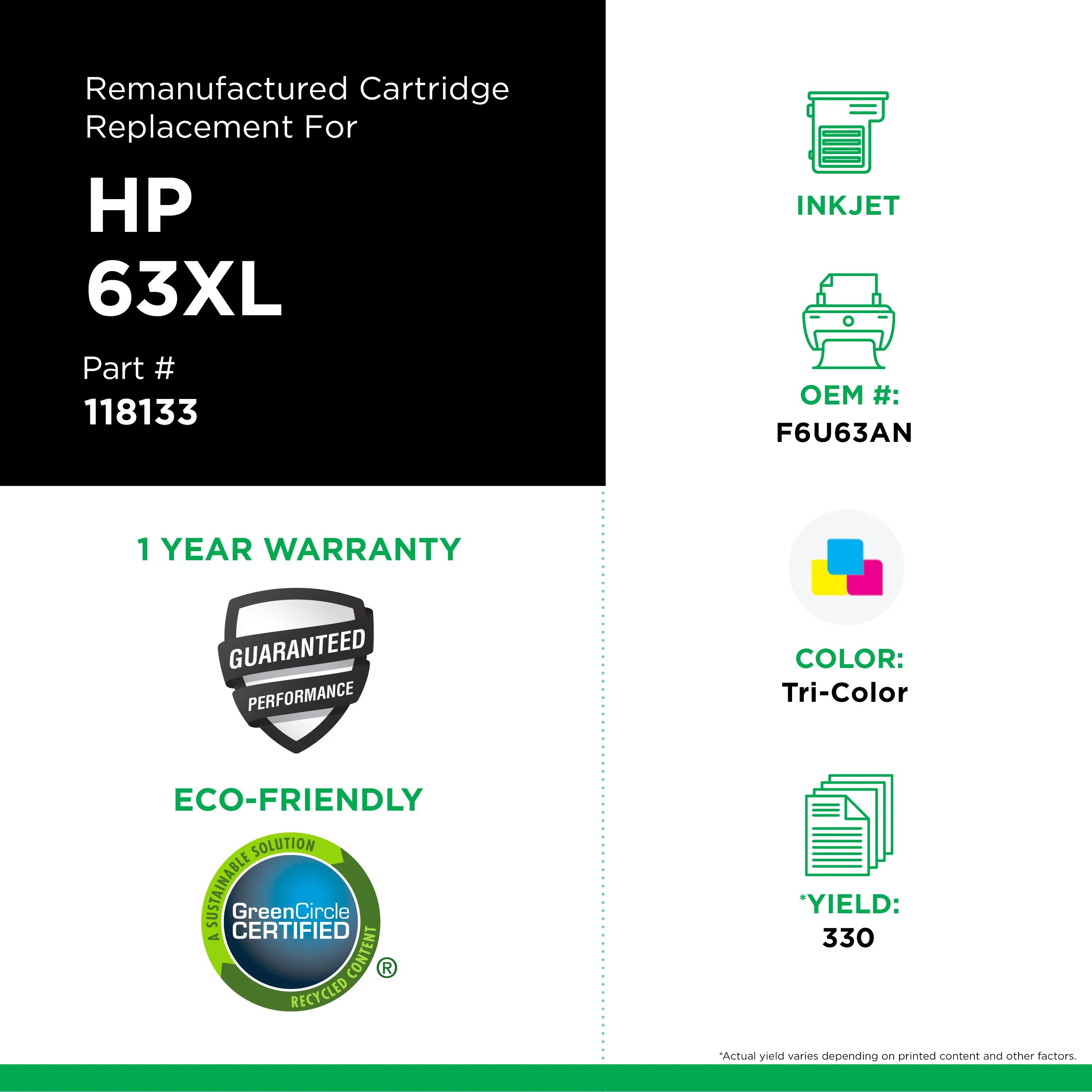 Remanufactured Tri-Color High-Yield Ink, Replacement for 63XL (F6U63AN), 330 Page-Yield