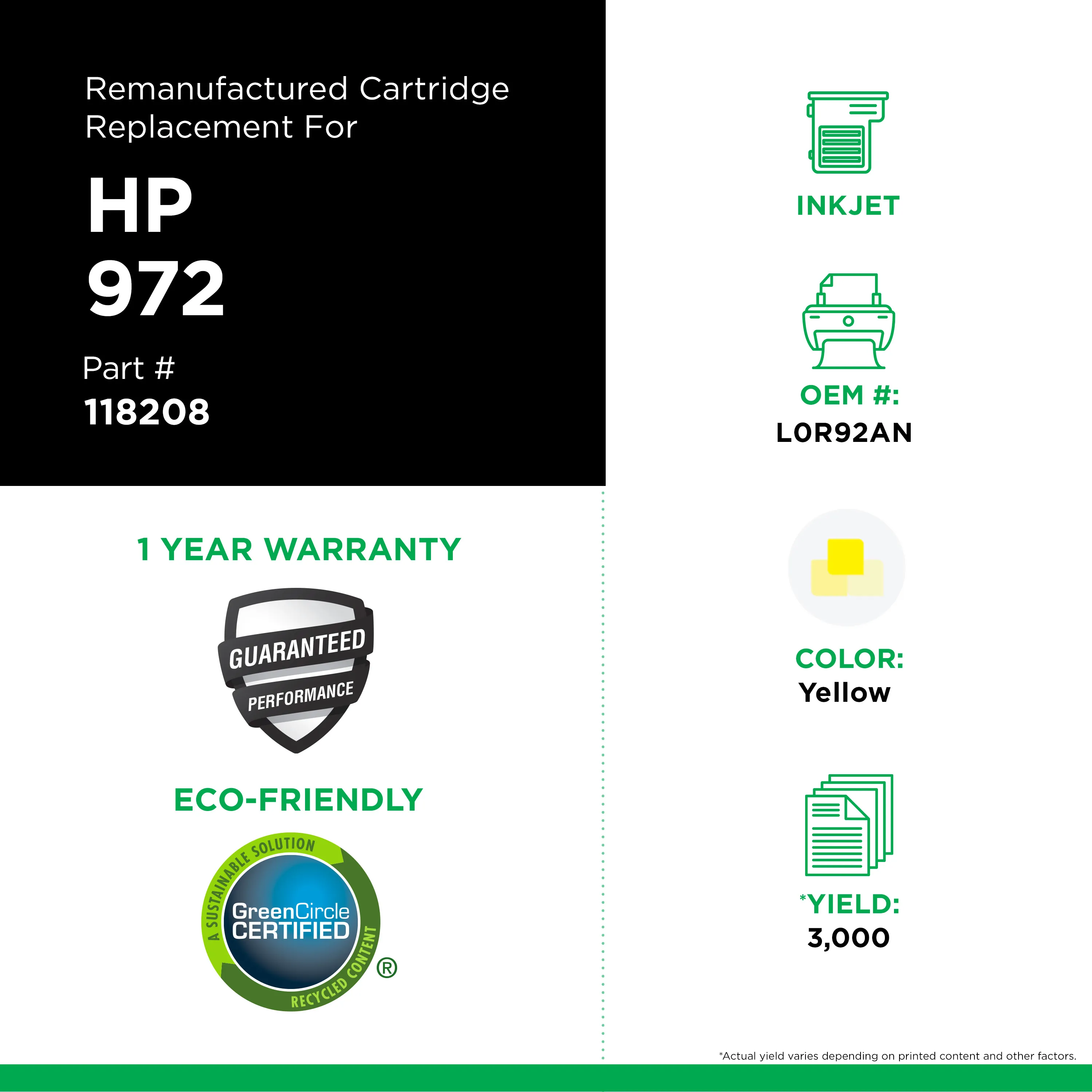 Remanufactured Black Ink, Replacement for 972 (F6T80AN), 3,500 Page-Yield Remanufactured Black Ink, Replacement for 972 (F6T80AN), 3,500 Page-Yield