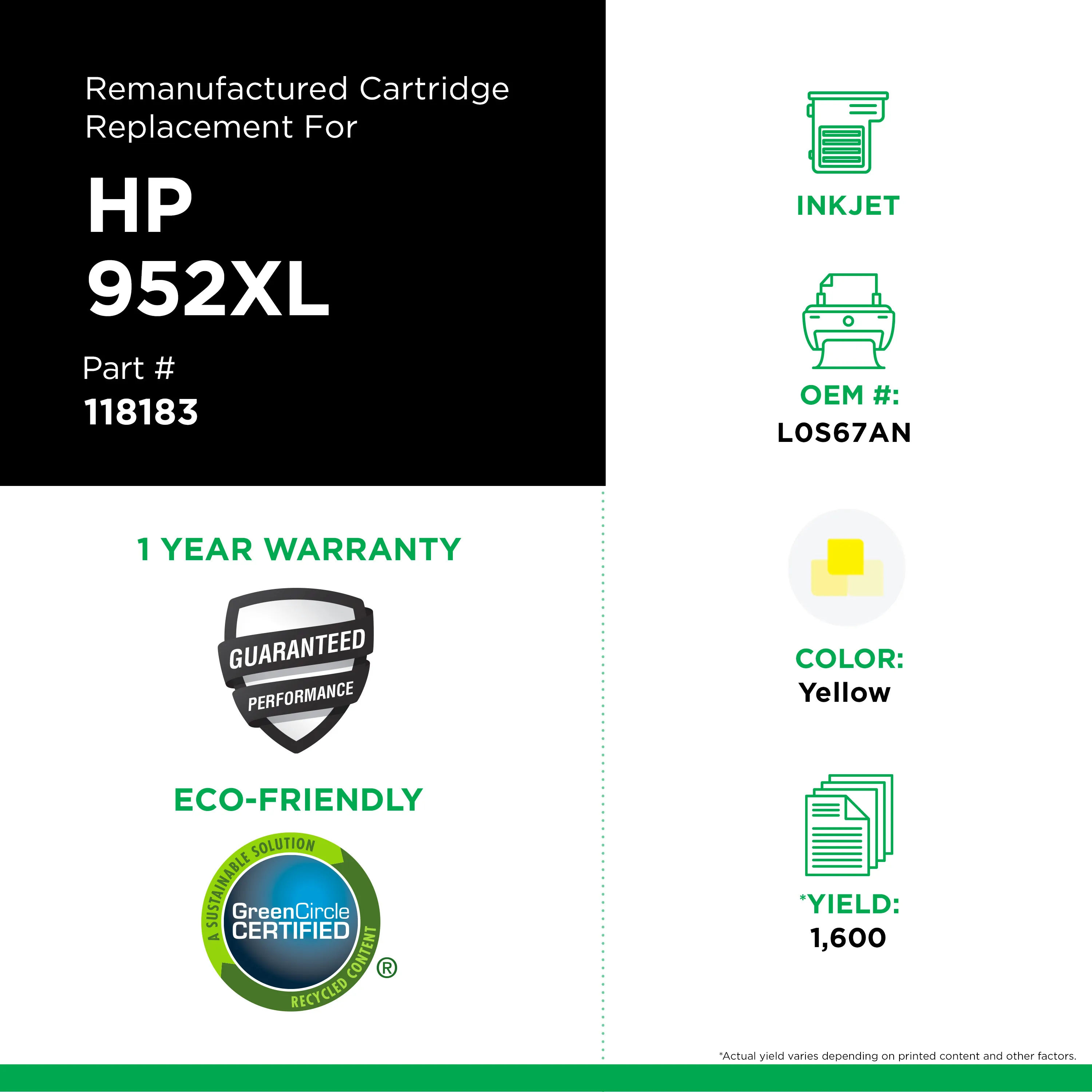 Remanufactured Yellow High-Yield Ink, Replacement for 952XL (L0S67AN), 1,600 Page-Yield Remanufactured Yellow High-Yield Ink, Replacement for 952XL (L0S67AN), 1,600 Page-Yield
