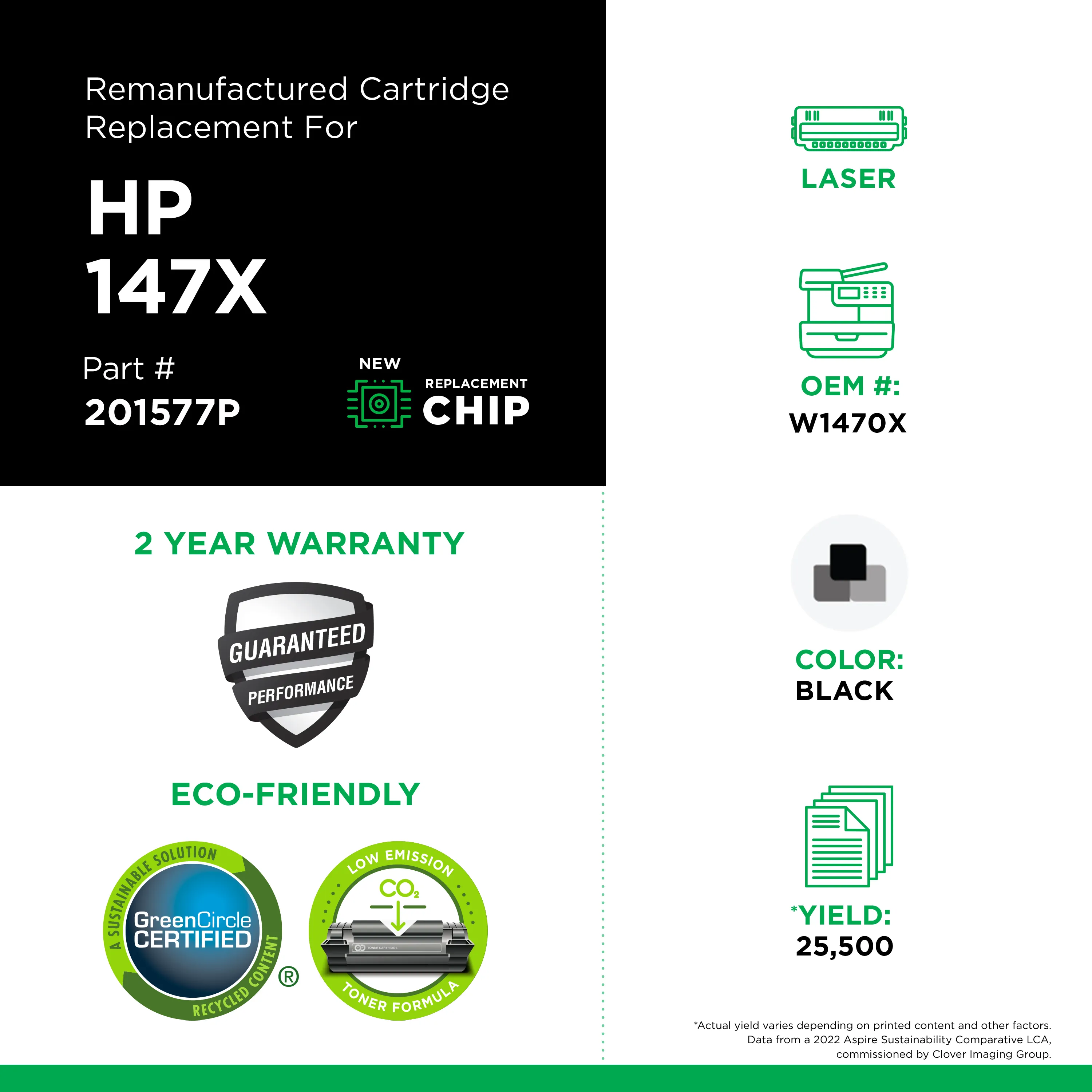 Remanufactured Black High-Yield Toner, Replacement for 147X (W1470X), 25,200 Page-Yield