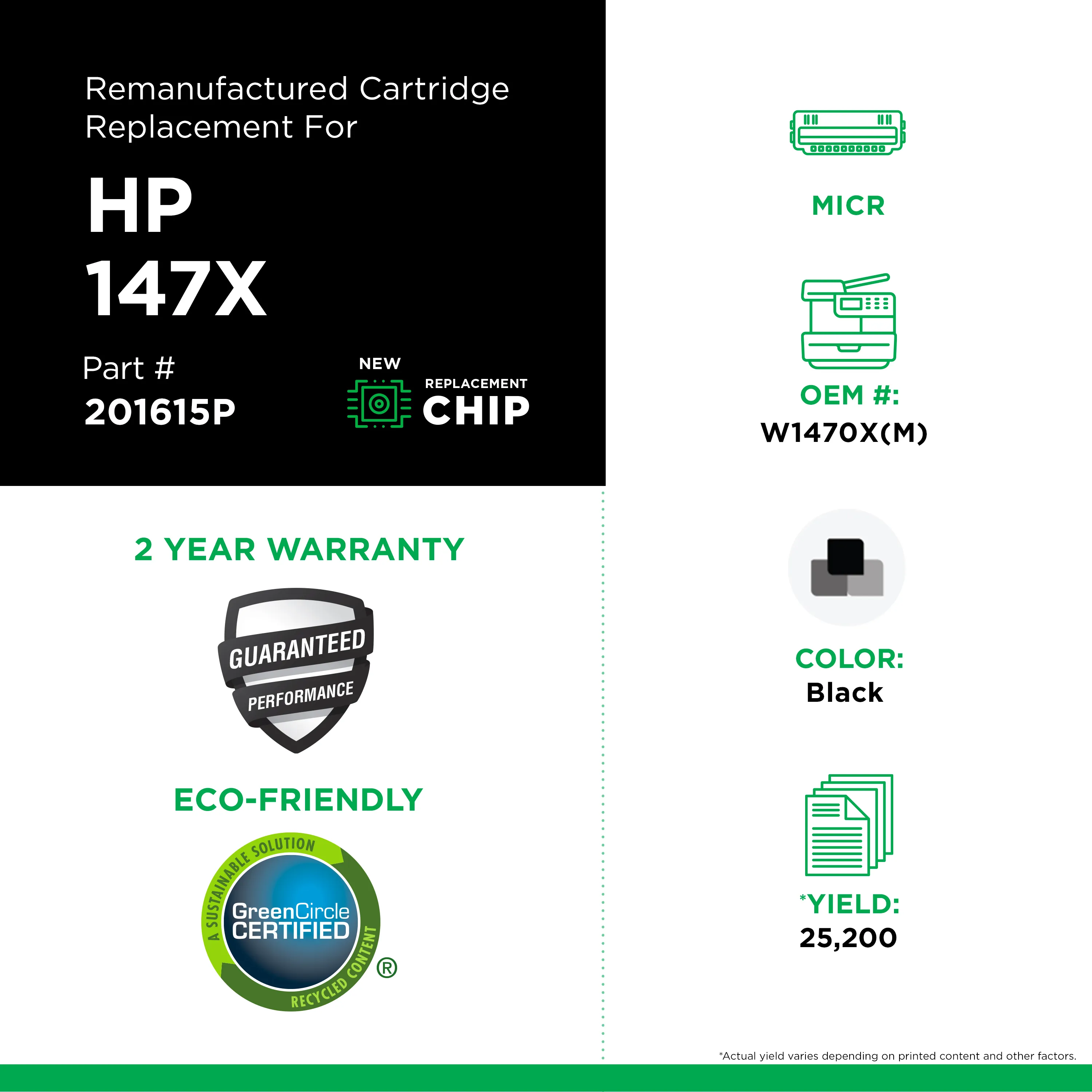 Remanufactured Black High-Yield Toner, Replacement for 147X (W1470X), 25,200 Page-Yield