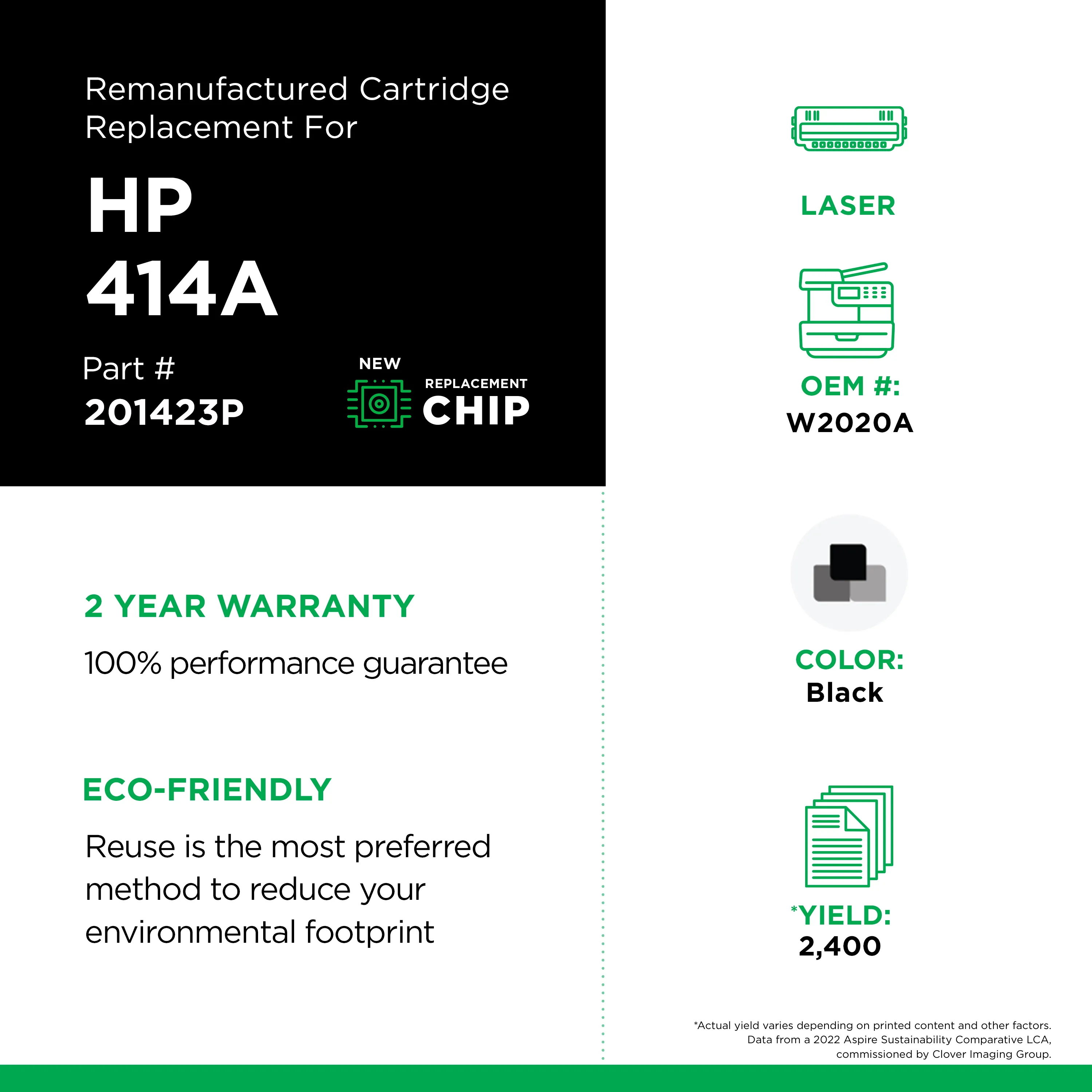Remanufactured Black Toner, Replacement for 414A (W2020A), 2,400 Page-Yield Remanufactured Black Toner, Replacement for 414A (W2020A), 2,400 Page-Yield