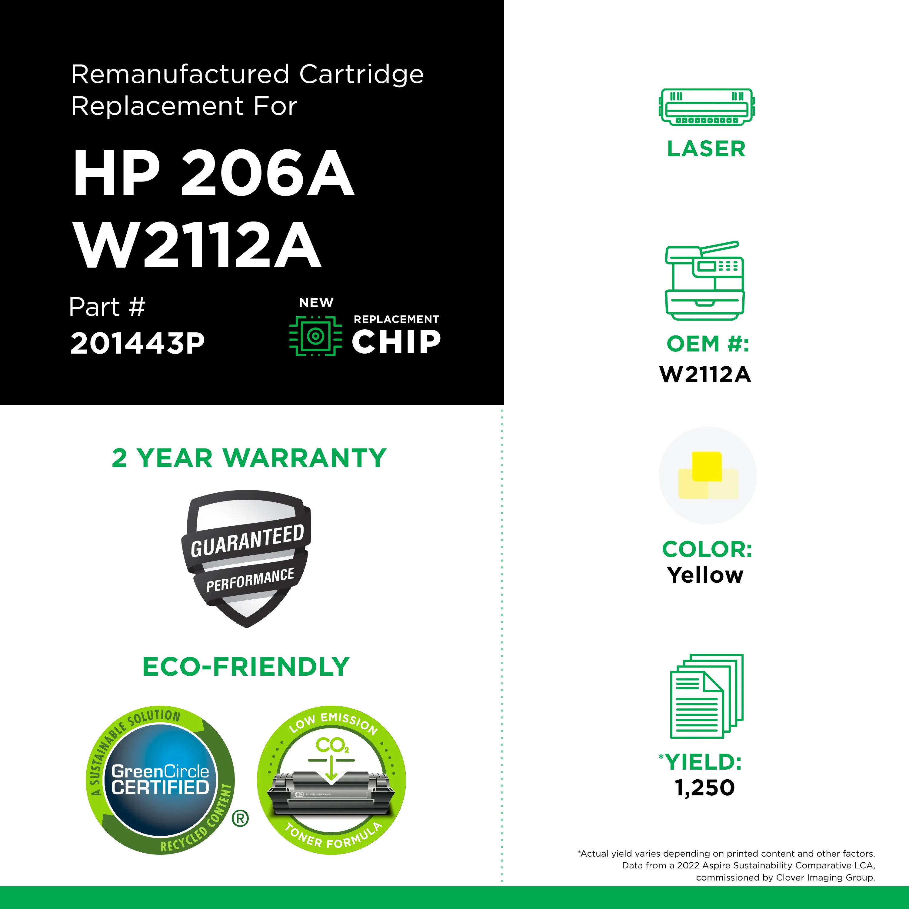 Remanufactured Yellow Toner, Replacement for 206A (W2112A), Page-Yield 1,250 Remanufactured Yellow Toner, Replacement for 206A (W2112A), Page-Yield 1,250