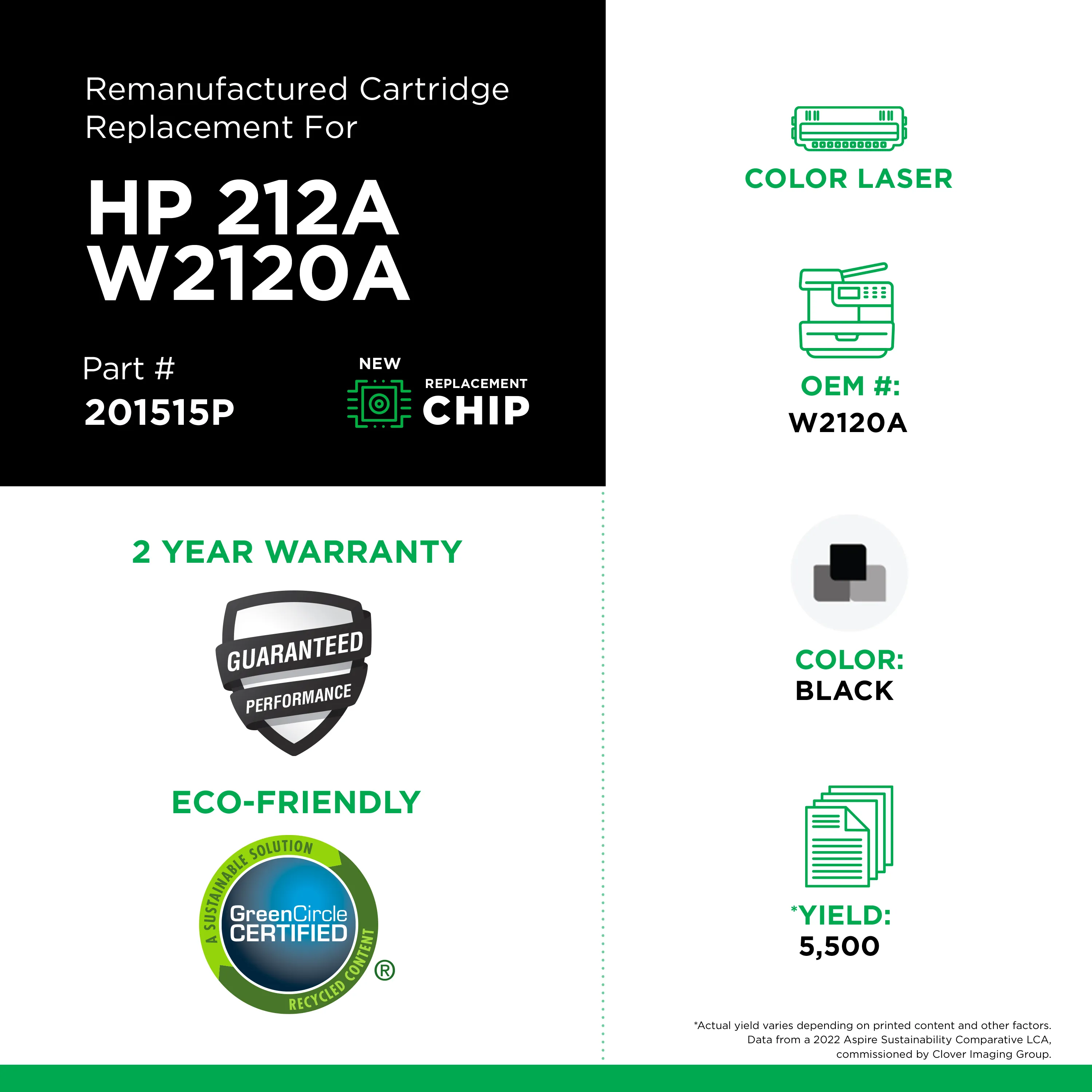 Remanufactured Black Toner, Replacement for 212A (W2120A), 5,500 Page-Yield Remanufactured Black Toner, Replacement for 212A (W2120A), 5,500 Page-Yield