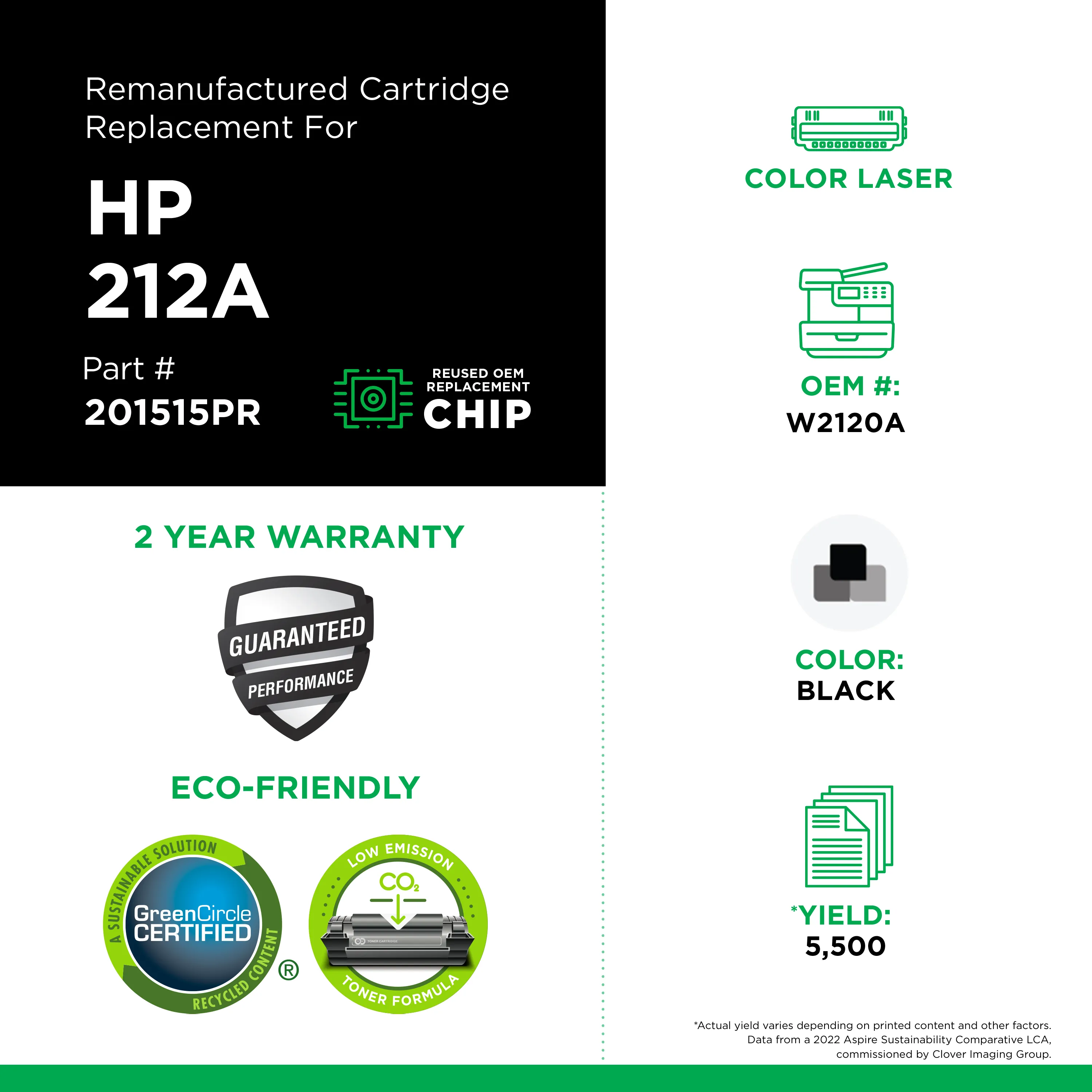 Remanufactured Black Toner, Replacement for 212A (W2120A), 5,500 Page-Yield Remanufactured Black Toner, Replacement for 212A (W2120A), 5,500 Page-Yield