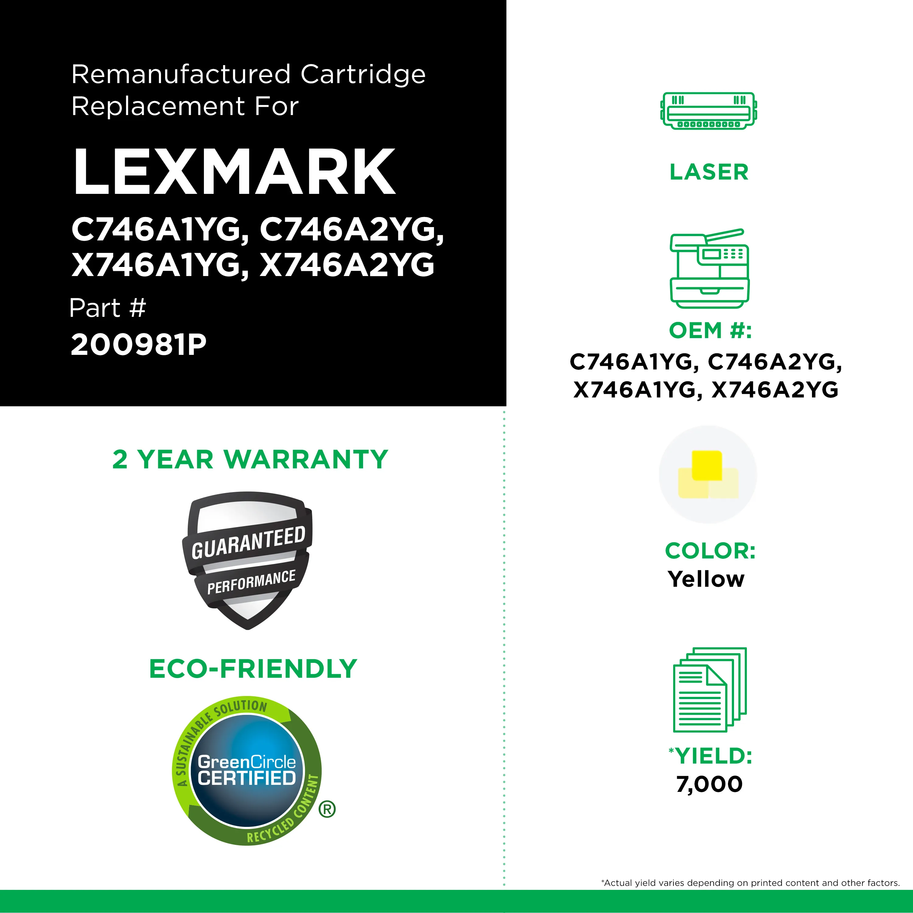 C746A2YG Toner, 7,000 Page-Yield, Yellow